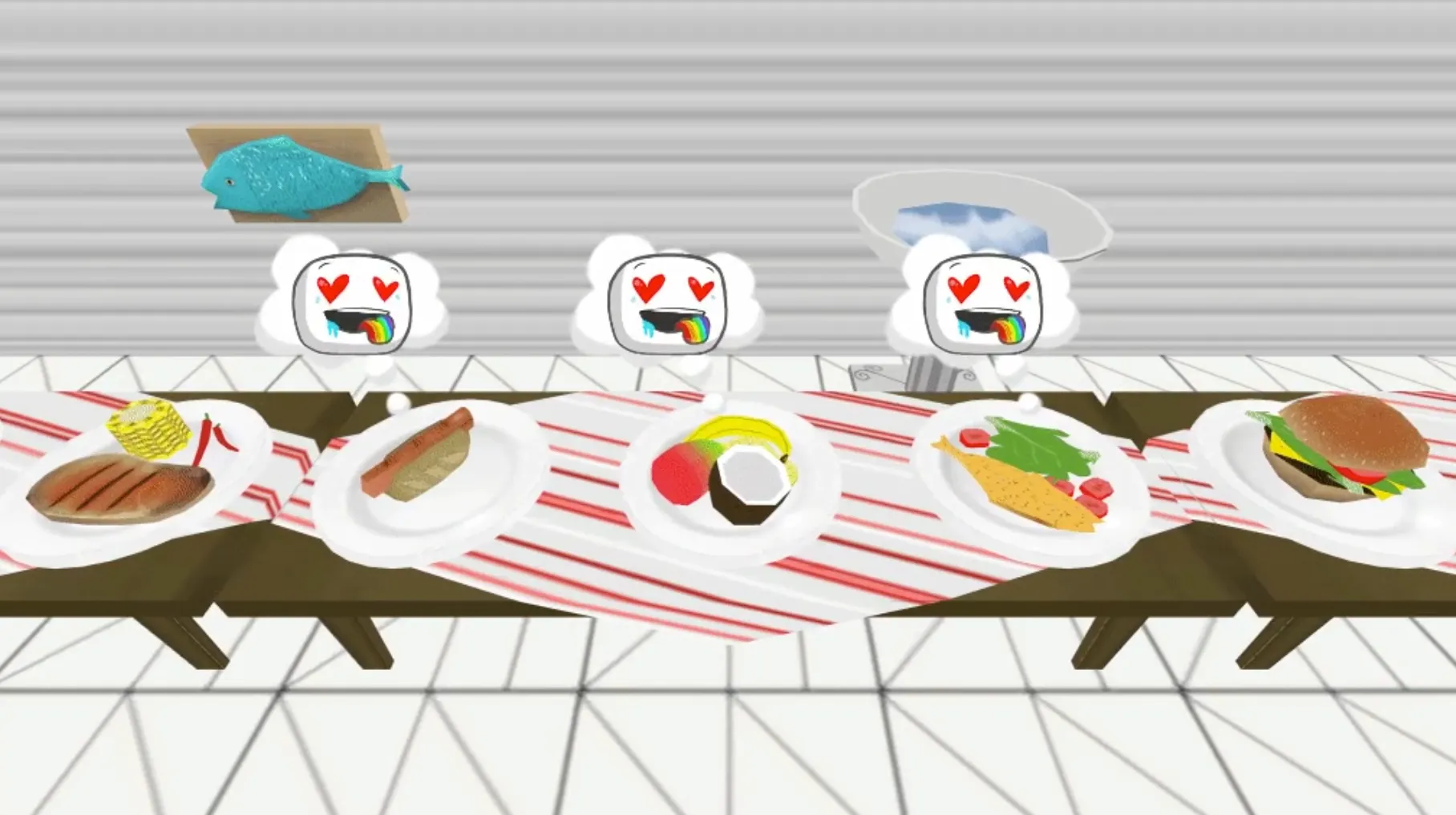 Dishes made by the art team laid out over a table