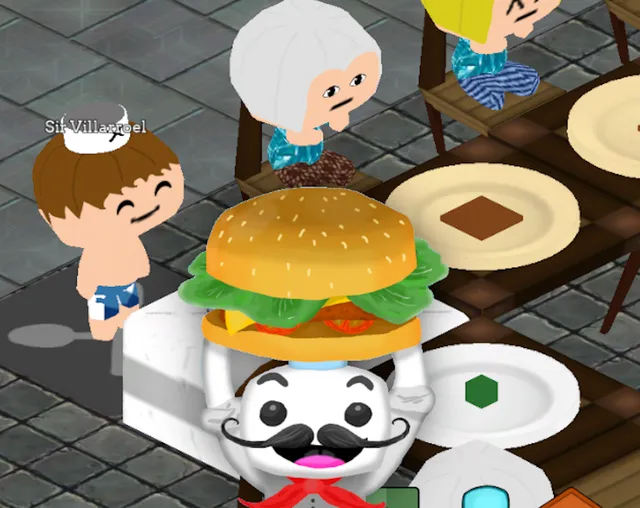 The Food Friends chef mascot presenting a giant burger over the restaurant