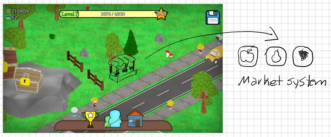 An early hand-drawn concept for the market shop, sketched over a screenshot of the game
