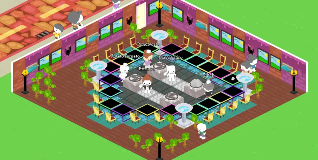 A restaurant decorated with the refreshed art style and higher quality 3D models.