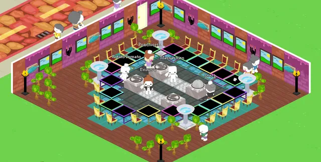 A restaurant decorated with the refreshed art style and higher quality 3D models.