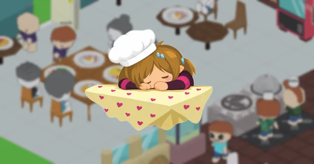 Playfish's 2012 Restaurant City farewell character beside a Food Friends restaurant scene